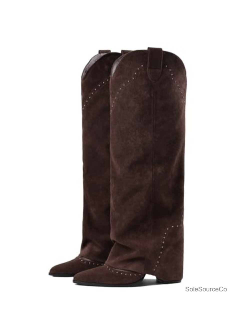 Women's Knee High Cowboy Boots Fold Over Chunky Heel Faux Suede